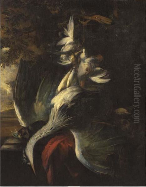Gamebirds By A Plinth, In A Wooded Landscape - view 1