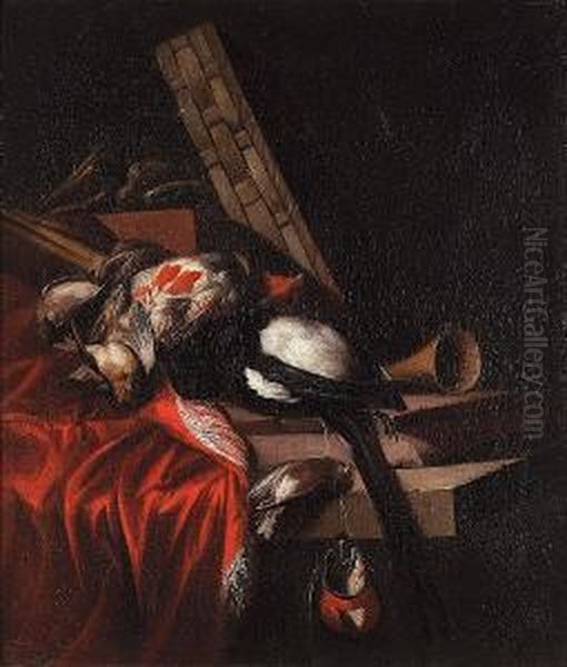A Falconry Still Life With A 
Dead Partidge, Magpie And Song Birds On A Draped Ledge With A Basket, 
Horn And A Falcon Hood - view 1