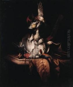 A Dead Partridge And Dead 
Songbirds Hanging On A Rope From A Nailon A Draped Marble Ledge by William Gowe Ferguson