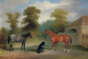 A Chestnut Hunter With A Roan Pony And Dog Before A Stable