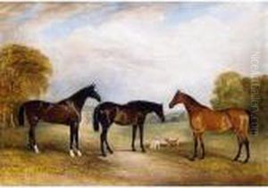 Three Bay Hunters In A Landscape With Two Dogs Three Bay Hunters In A Landscape With Two Dogs