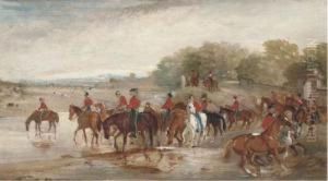 Officers Watering Their Horses At A River; And A Saddled Hunter By A Country House by John Jnr. Ferneley