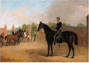 A Mounted Cavalry Officer In A Courtyard At Hyde Park by John Jnr. Ferneley