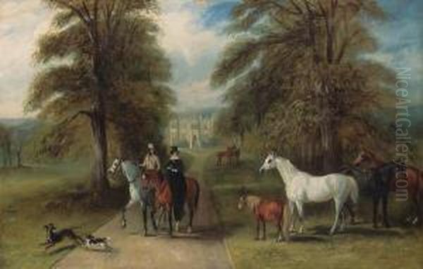 A Lady And A Gentleman Setting 
Out Riding, In The Park Of A Countryhouse, Possibly Barlborough Hall, 
Derbyshire, Visible Through Anavenue Of Trees Beyond - view 1