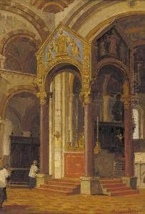 Choir Boys In A Church Interior; And A Mother And Child In A Church Interior by Arturo Ferrari