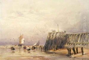 Seascape with Sailing Barges and Figures Wading Off-Shore, 1832 by David Cox