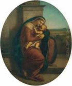 Madonna Mit Kind Vor Architektur Und Landschaftlichem Hintergrund.