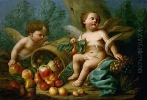 "allegorie Der Herbst" Zwei Amoretten Mit Trauben, Apfeln "allegorie Der Herbst" Zwei Amoretten Mit Trauben, Apfeln