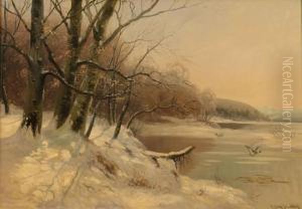 Winterly Lake Landscape With Flying Wild Ducks - view 1