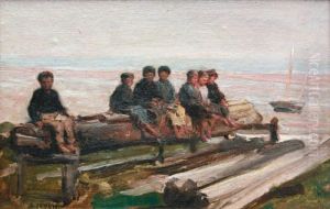 Enfants Assis Sur Un Rondin Au Bord D'uneplage by Jacques Eugene Feyen