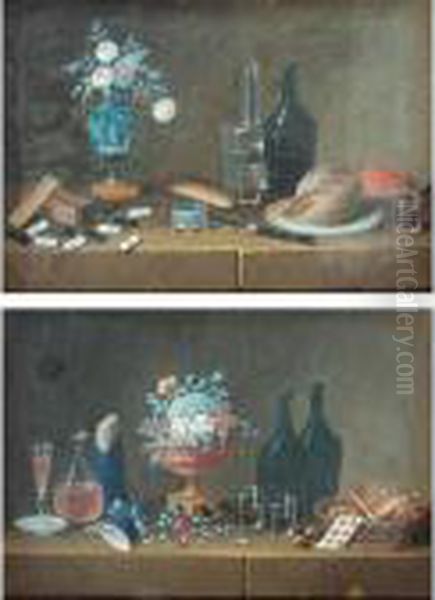 A Pair Of Still Lifes With Vases
Of Flowers, Bottles And Glasses, One With Fresh Fruit, The Other With
Dried Fruits - view 1