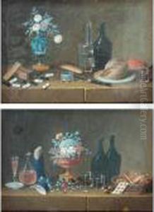 A Pair Of Still Lifes With Vases
Of Flowers, Bottles And Glasses, One With Fresh Fruit, The Other With
Dried Fruits by Johann Rudolf Feyerabend