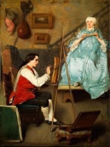 Junger Maler Beim Portraitieren Einer Jungen Frau In Blauem Seidenkleid
