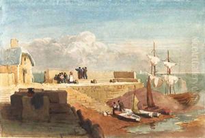 Figures by a harbour wall with boats moored in the foreground