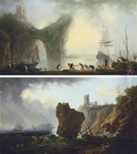 A Coastal Landscape With A
Natural Arch And Fishermen Drawing In The Nets In The Foreground; And A
Stormy Coastal Landscape With A Shipwreck by Francesco Fidanza