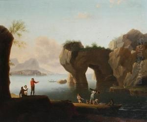 Fishermen And Other Figures On The Banks Of A Lake With A Town In The Distance