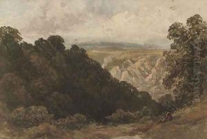 A figure looking over a mountainous landscape by David Cox
