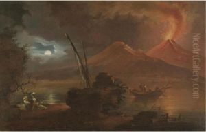 A View Of Mount Vesuvius Erupting By Moonlight