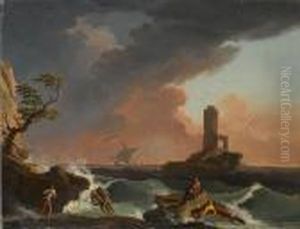 A Shipwreck In Stormy Seas With A Lighthouse Beyond