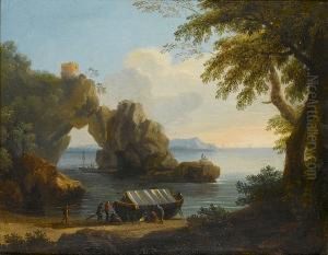 A Rocky Coastal Inlet With Figures Loading Goods Onto A Boat by Francesco Fidanza
