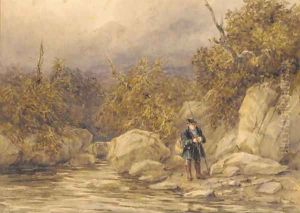A fisherman at the edge of a river, North Wales by David Cox