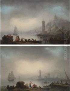 View Of A Mediterranean Port 
With Figures On The Shore; A Rocky Coastal Landscape With A Lighthouse 
And Fishermen Unloading Their Catch
