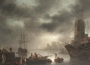 A Moonlit Harbour With Fishermen Unloading Their Catch With Figures On A Quayside