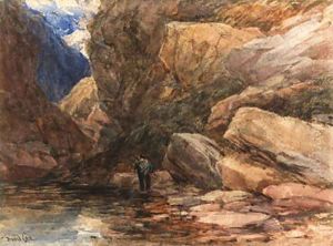 A hunter in a rocky river landscape by David Cox