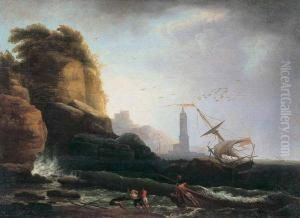 Paesaggio Costiero Con Il Mare In Tempesta, Veliero E Pescatori