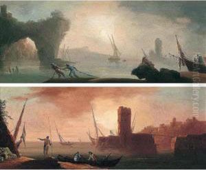 Coastal Landscapes With Fishermen At Dawn And Dusk by Francesco Fidanza
