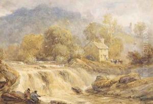 Anglers by a waterfall, Wales