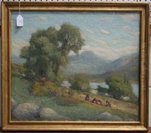 Cows Grazing In A Mountainous Landscape by Harry Filder