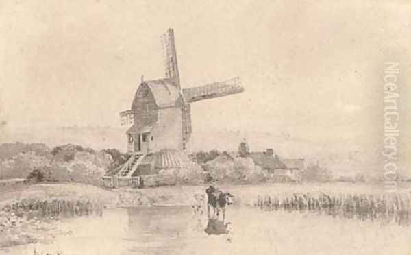 Cattle watering by a windmill on Dulwich Common - view 1