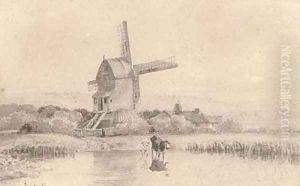 Cattle watering by a windmill on Dulwich Common by David Cox