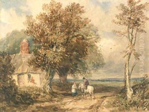 Figures on a track by a cottage, Wales by David Cox