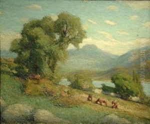 Cattle In A River Landscape by Harry Filder