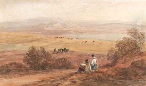 Figures in a rural landscape with the sea beyond by David Cox