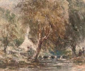 Figures on the banks of a river in a wooded landscape by David Cox