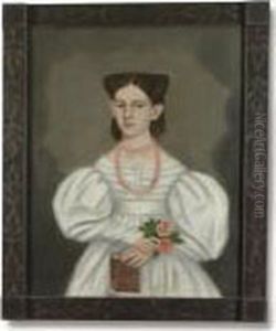 Portrait Of A Young Girl In White Dress With Roses And Book by Erastus Salisbury Field