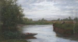A Tranquil River Landscape With Man Fishing On The Bank