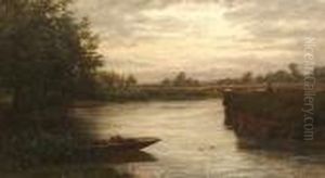 A Figure Fishing By A River.
