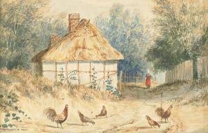 Country Lane With Cockerel, Chickens, Cottage And Figure