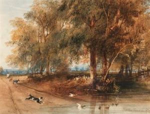 A Woodland Scene With A Dog Chasing Ducks - view 1