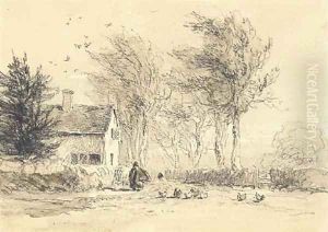 A figure feeding chickens before a cottage by David Cox