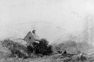 A figure seated on the side of a track, below a cottage by David Cox