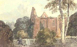 A figure with a dog beside a ruined abbey by David Cox