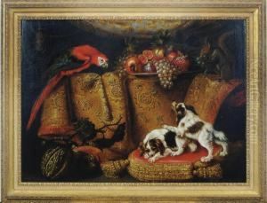 Still Life Of Dogs, Parrot And Fruit By A Draped Table by Francesco (Il Maltese) Fieravino