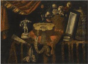 A Still Life With A Guitar, A
Fan, A Statuette Of A Violinist, Asnuff Box, A Mirror And Flowers, All
On A Draped Table by Francesco (Il Maltese) Fieravino