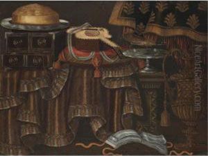 A Still Life With A Guitar On A 
Cushion Together With Other Objects On A Partly Draped Table With An 
Open Manuscript And An Urn In The Foreground