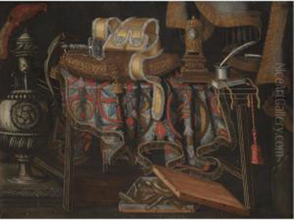 A Still Life With A Sword
Resting On A Cushion, A Clock, A Book And An Inkwell On A Partly Draped
Table Together With A Box Of Sweetmeats And An Urn In The Foreground - view 1